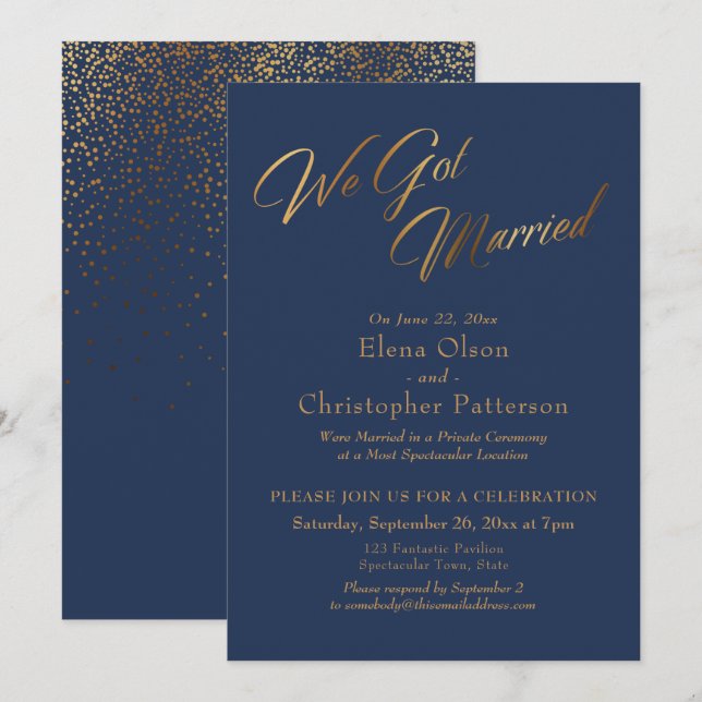 Navy & Gold Wir Got Verheiratet Confetti Empfang Einladung (Vorne/Hinten)