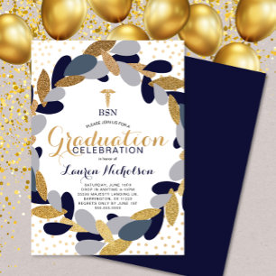 Navy Gold Wreath Nurse Graduation Party Einladung