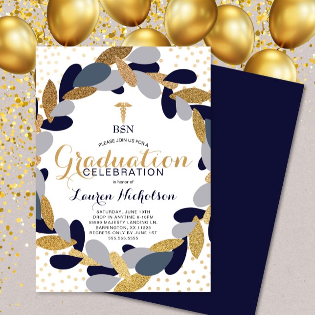Navy Gold Wreath Nurse Graduation Party Einladung (Von Creator hochgeladen)