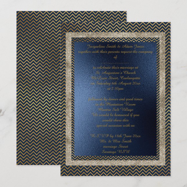 Navy Gold Zickzack Hochzeitskunst Einladung (Vorne/Hinten)