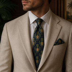 Navy Golden Pineapple Vintage Tropisch Krawatte