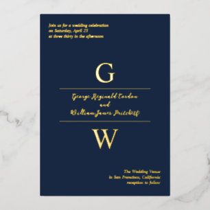 Navy & Goldfolie Initialen Informelle Hochzeit Folieneinladung