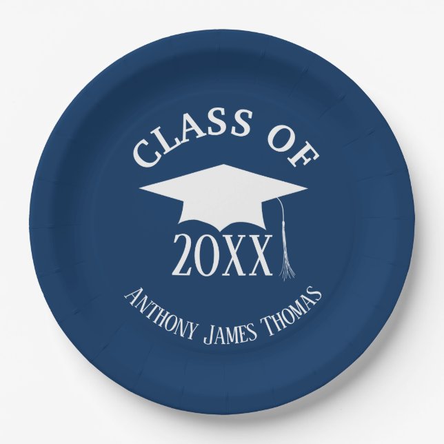 Navy Grad Cap und Blätter Papier Teller 9" (Vorderseite)