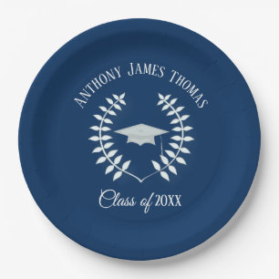 Navy Grad Cap und Blätter Papier Teller 9"