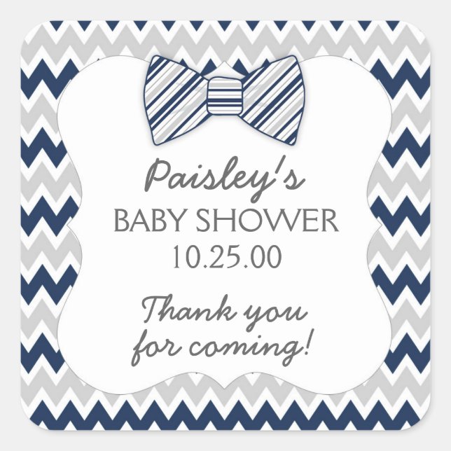 Navy Grau Zickzack Bogen Krawatte Baby Dusche Gefa Quadratischer Aufkleber (Vorderseite)