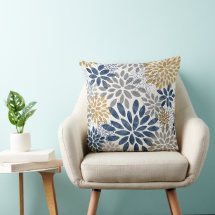 Navy Gray Gold Dahlia Blooms Kissen
