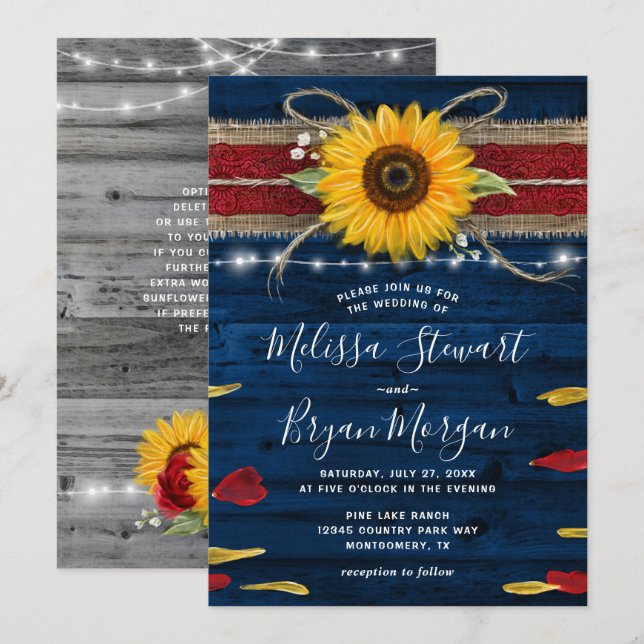 Navy Gray Rote Rose Sonnenblume Rustikale Holzhoch Einladung (Vorne/Hinten)