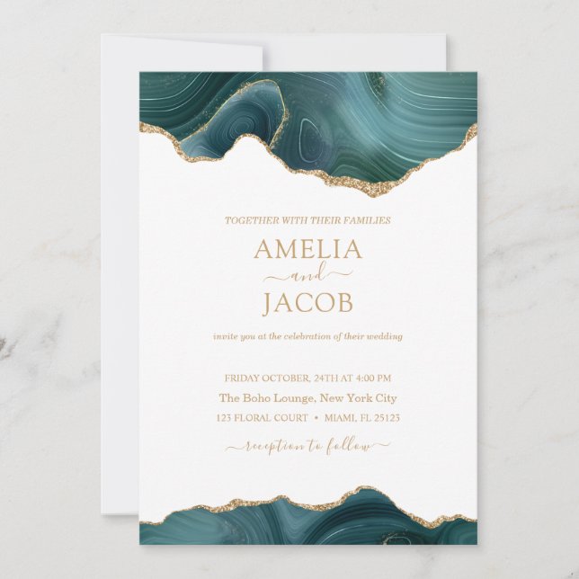 Navy Green & Gold Foil Agate Einladung modern (Vorderseite)