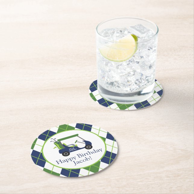 Navy & Green Golf Personalisiert Runder Pappuntersetzer (Vor Ort)