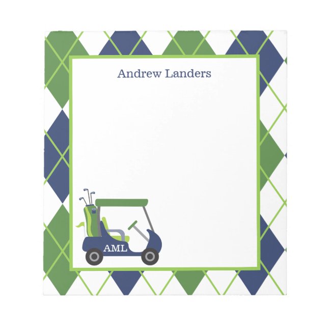 Navy & Green Raute Golf Personalisiert Notepad Notizblock (Vorderseite)