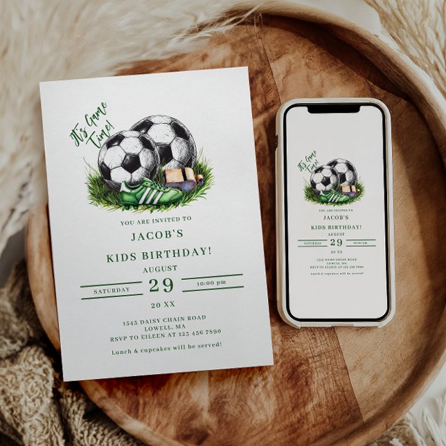 Navy Green Soccer Kids Watercolo Einladung (Von Creator hochgeladen)