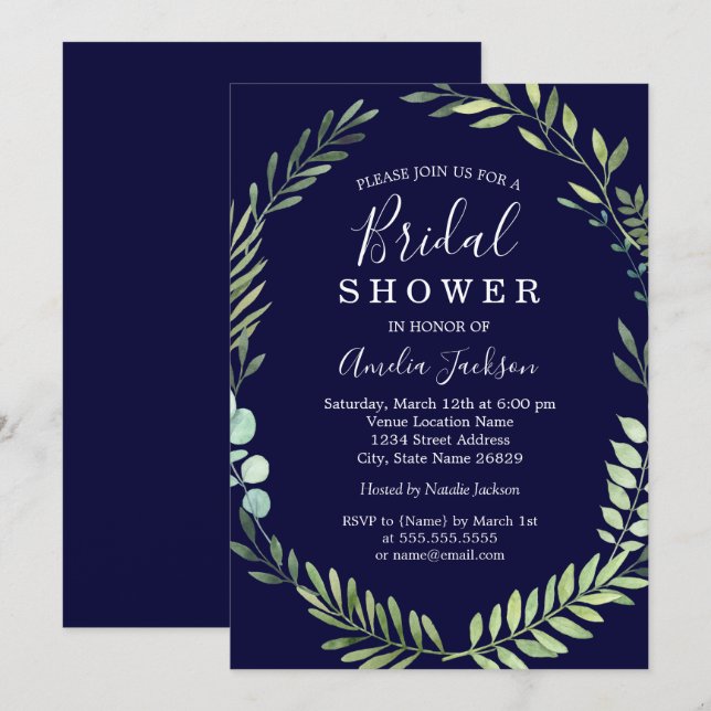 Navy Green Watercolor Wreath Brautparty Einladung (Vorne/Hinten)