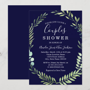 Navy Green Watercolor Wreath Paare Dusche Einladung