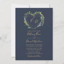 Navy Greenery with Geometric Heart Wedding Einladung