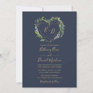 Navy Greenery with Geometric Heart Wedding Einladung
