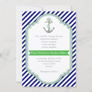 Navy, grüner Anker & Streifen Hochzeit Einladung