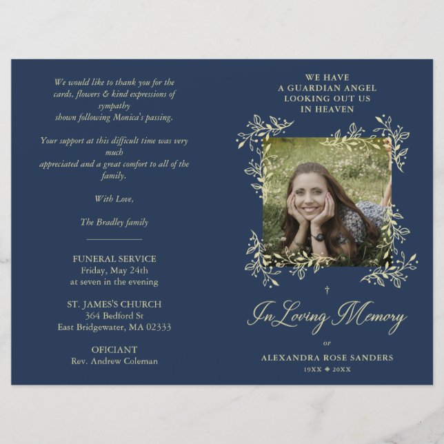 Navy Hand Lettered Chic Flourish Funeral Memorial (Vorderseite)