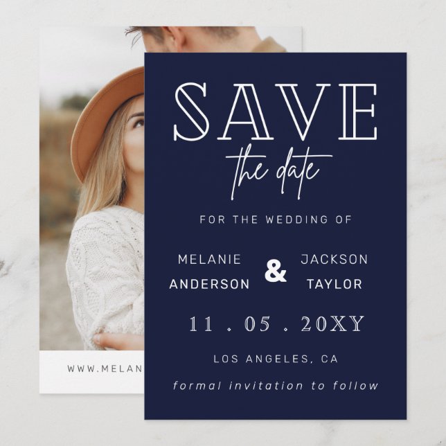 Navy Handgeschriebenes Kalligrafie-Foto Save the D Save The Date (Vorne/Hinten)