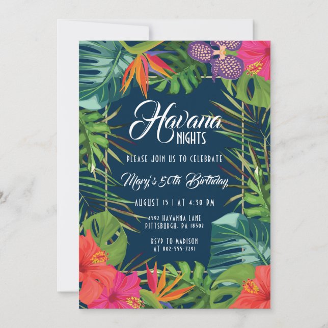 Navy Havana Nights Floral Tropical Geburtstag Einladung (Vorderseite)