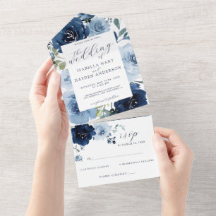 Navy & Hellblau verblasste Blumen Hochzeit RSVP All In One Einladung