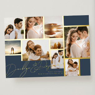 Navy Hochzeit Mehrfach Foto Save-the-Date Gold Rah Folieneinladung