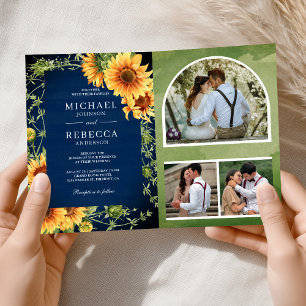 Navy Holz Sonnenblumen Foto Arch QR Code Hochzeit Einladung