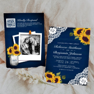 Navy Holz Spitze Sonnenblume Foto QR Code Hochzeit Einladung