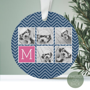 Navy Hot Pink und Blau 5 Foto-Collage Monogramm Ornament