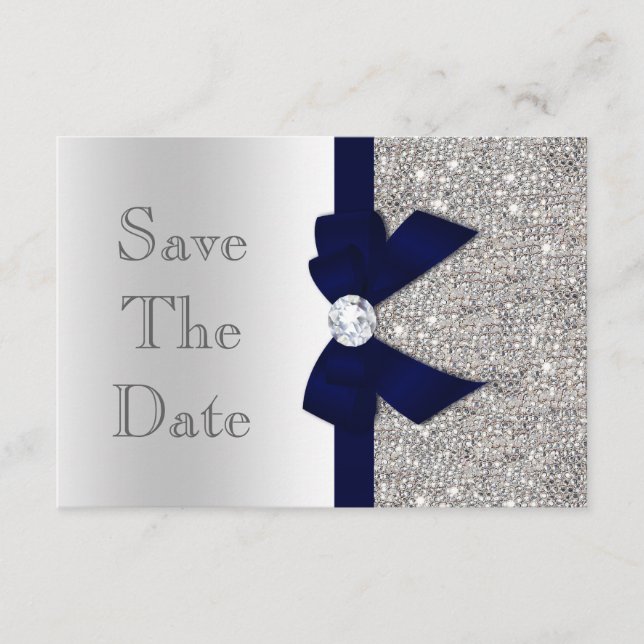 Navy Imitats Bow & Diamonds Silver Save the Date (Vorderseite)