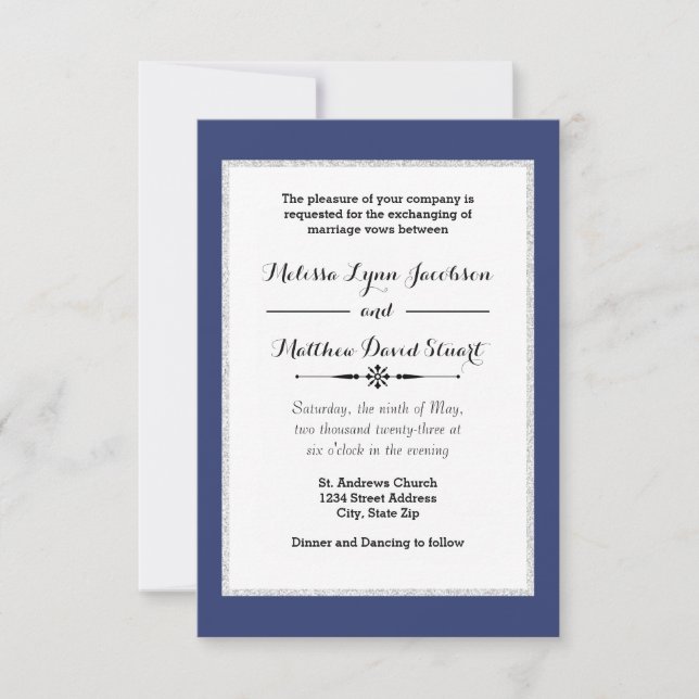 Navy & Imitats Glitzer Gerahmt - Einladung 3x5Wedd (Vorderseite)