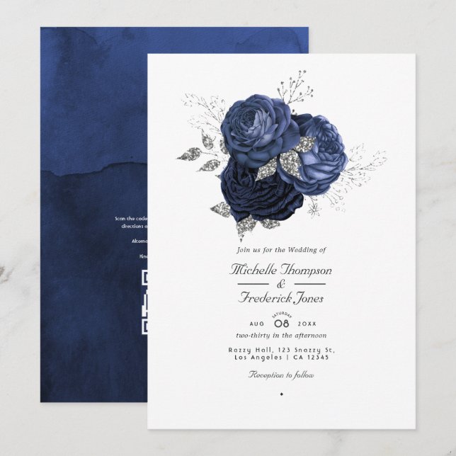 Navy & Imitats Glitzer Silver Floral QR Code Hochz Einladung (Vorne/Hinten)