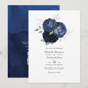 Navy & Imitats Glitzer Silver Floral QR Code Hochz Einladung