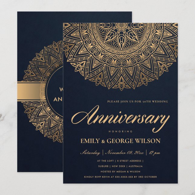 NAVY IMITATS GOLD MANDALA JEDES JAHR 50. JAHRESJAH EINLADUNG (Vorne/Hinten)