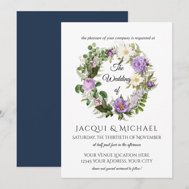 Navy in Lavender Ivory Rose w Fern Wreath Wedding Einladung (Vorne/Hinten)