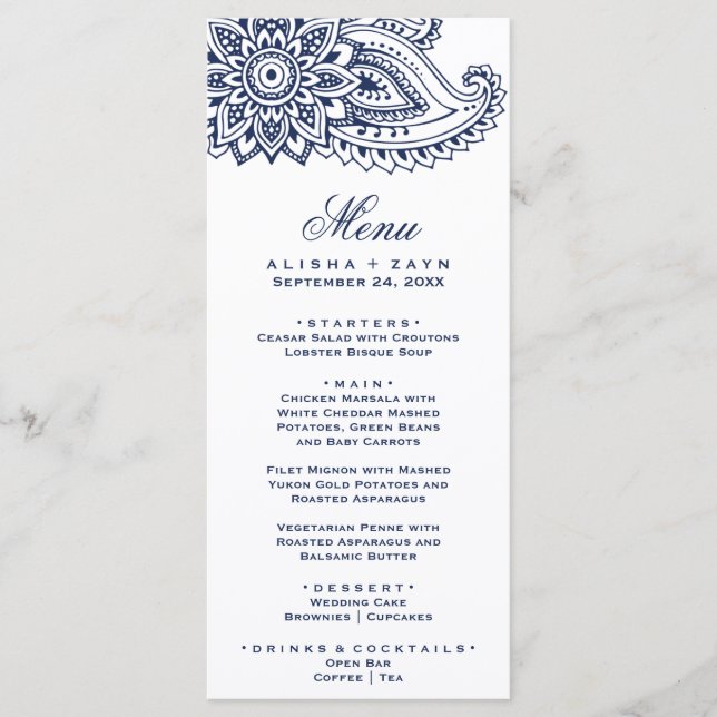 Navy Indian Paisley Dinner Menu Card Menükarte (Vorderseite)