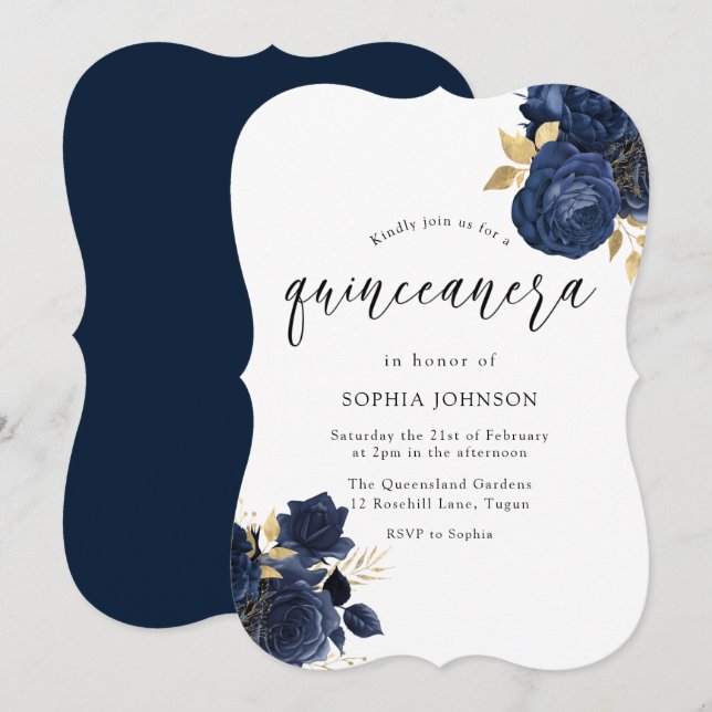 Navy Indigo Blue Floral Gold Leaf Quinceanera Einladung (Vorne/Hinten)