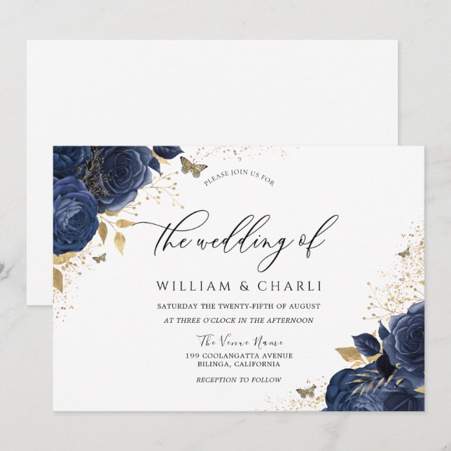 Navy Indigo Blue Flowers Butterfly Wedding Einladung (Vorne/Hinten)