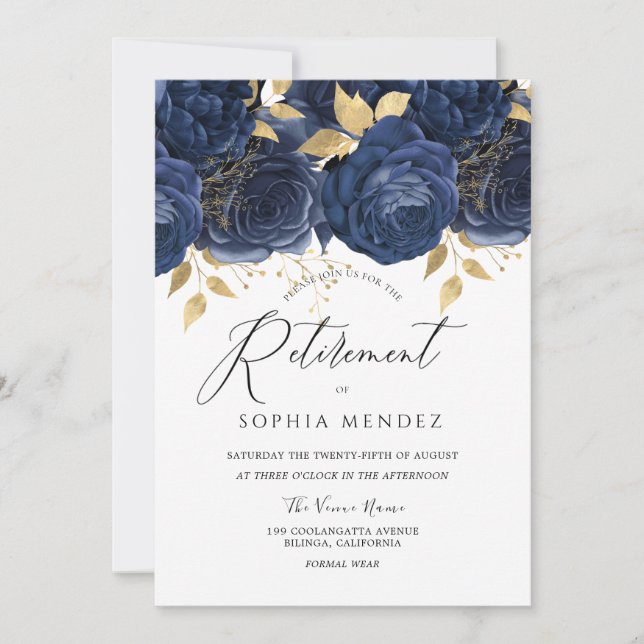 Navy Indigo Blue & Gold Floral Retirement Party Einladung (Vorderseite)