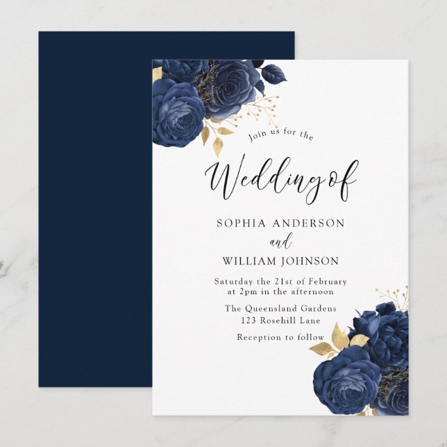 Navy Indigo Blume Elegante All Seasons Wedding Einladung (Vorne/Hinten)
