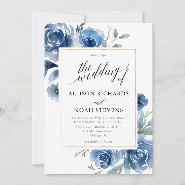 Navy Indigo Blumen Moderne elegante Hochzeit Einladung (Vorderseite)
