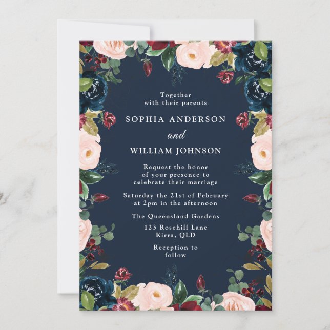 Navy Indigo Burgundy Blush Bloral Wreath Wedding Einladung (Vorderseite)