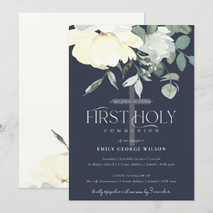 NAVY IVORY WHITE AQUA FLORAL ERSTER HOLY COMMUNION EINLADUNG