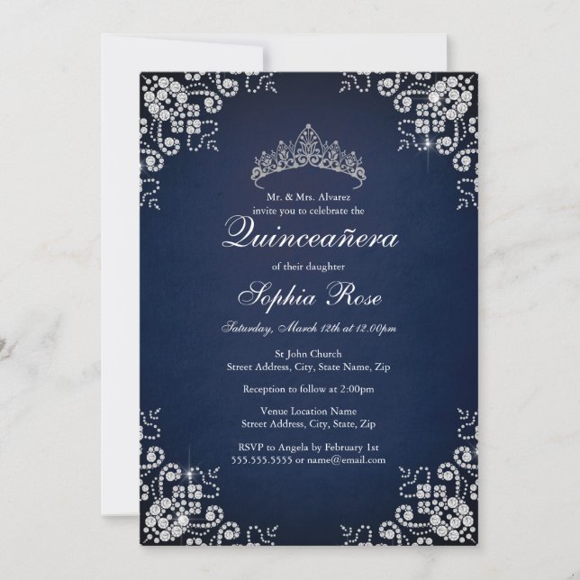 Navy Jewel Tiara Butterfly Quinceanera Einladung (Vorderseite)