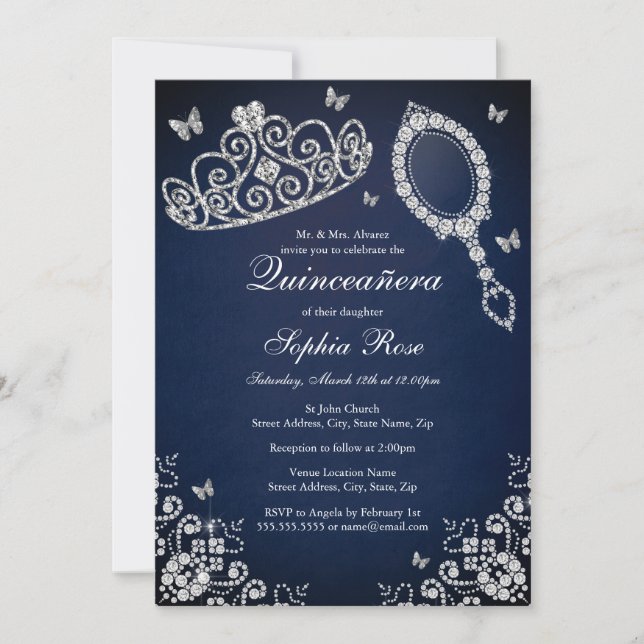 Navy Jewel Tiara Mirror Butterfly Quinceanera Einladung (Vorderseite)