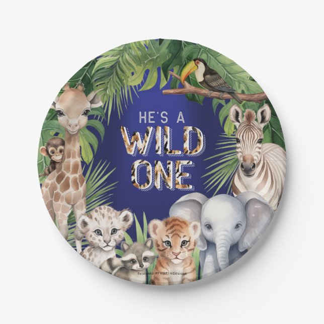 Navy Jungle Animals Hes a Wild One Snacks Pappteller (Vorderseite)