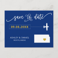 Navy Kansas Wedding Save the Date Map Postcard