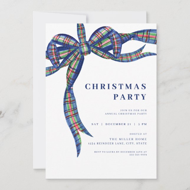 Navy Kariert Bow Holiday Weihnachten Party Einladu Einladung (Vorderseite)