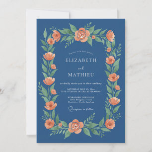 Navy-Korallen-Blumengirlande Hochzeit Einladung