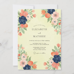 Navy-Korallen-Mohn-Hochzeit Einladung