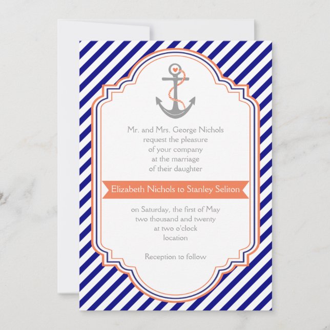 Navy, Korallenanker & Streifen Hochzeit Einladung (Vorderseite)
